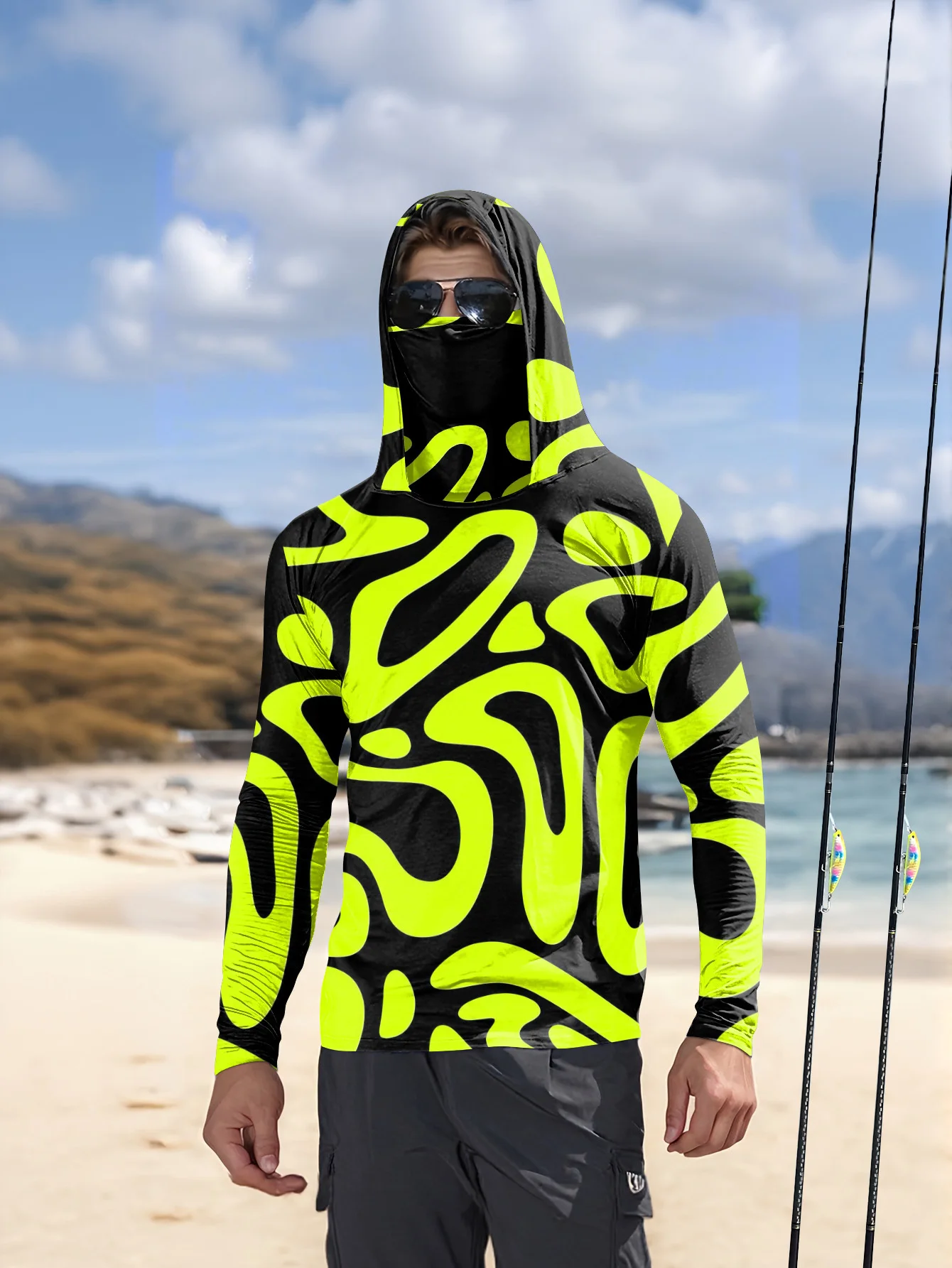 Men's Neon Green Abstract Prin - Fishing Shirt Uv Protection ulasan dan harga